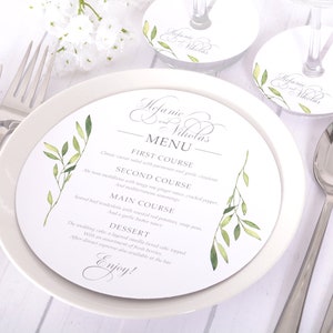 Round Wedding Menus - Wedding Plate Menus - FREE Matching Wine Stem Tags - 6.5&quot; Greenery Wedding Menu - Wedding Dinner Menu - #wdiM-321