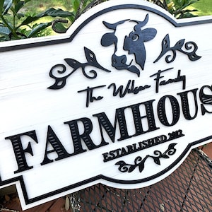 May include: Black and white farmhouse sign with a cow silhouette, the text "The Wilson Family Farmhouse Established 2022", and decorative floral accents.