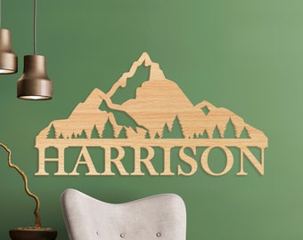 Mountain Name Sign, Rustic Home Decor, Family Name Sign, Mountain Cabin Decor Sign, Cabin Wall Decor, Custom Name Sign, Name Cutout