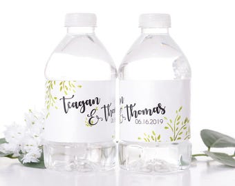 Floral Wedding Water Bottle Labels - Wedding Favors - Green Leaf Wedding Water Bottle Label - Labels for Weddings - Garden Theme - #wdiW-259