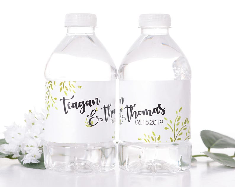 Floral Wedding Water Bottle Labels Wedding Favors Green Leaf Wedding Water Bottle Label Labels for Weddings Garden Theme wdiW-259 image 1