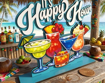 Op de afbeelding: Een kleurrijk bord met de tekst "It's Happy Hour" en afbeeldingen van verschillende cocktails. Het bord staat op een houten bar met een tropische strandscène op de achtergrond. Cocktails zijn een margarita, een rood drankje met een kers, een blauw drankje en een gelaagd oranje drankje.