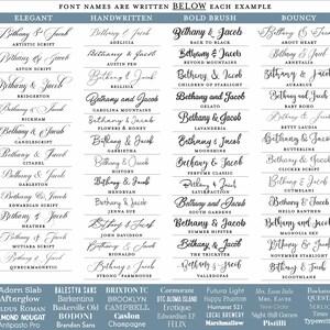 May include: A chart with a list of font names written in different styles. The font names are "Bethany & Jacob" and the styles are Elegant, Handwritten, Bold Brush, and Bouncy.