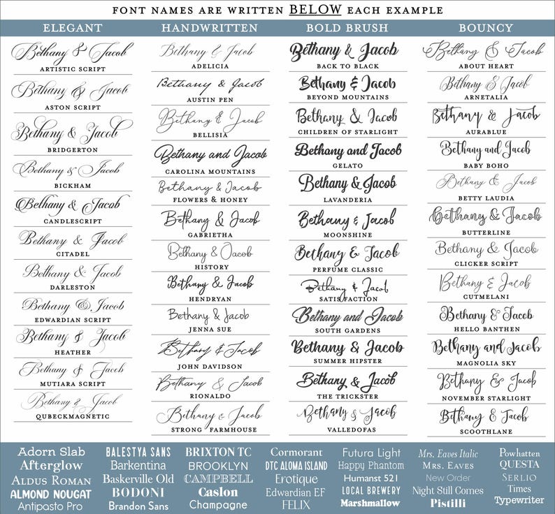 May include: A chart with a list of font names written in different styles. The font names are "Bethany & Jacob" and the styles are Elegant, Handwritten, Bold Brush, and Bouncy.