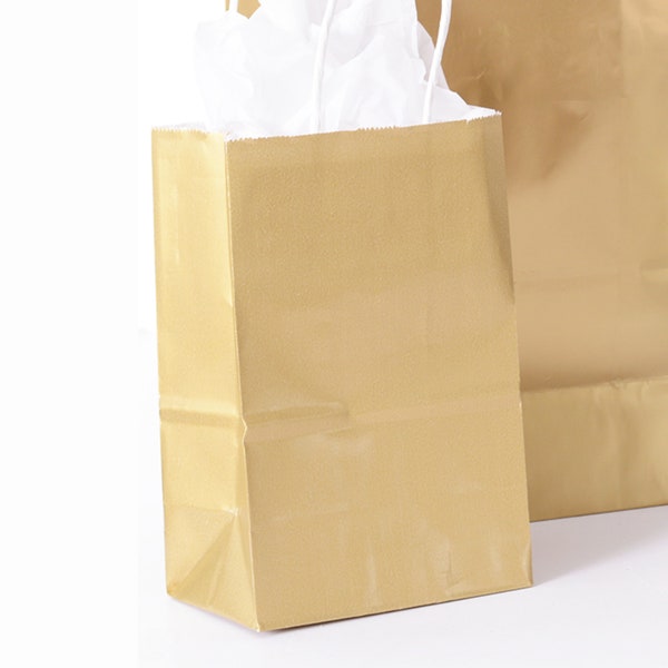 CLOSEOUT DEAL - Shiny Gold Rope-handled Gift Bags | Kraft Paper Gift Bags | Bags ONLY