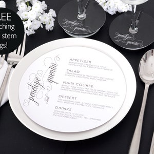 Round Wedding Menus - Wedding Plate Menus - FREE Matching Wine Stem Tags - 6.5&quot; Script Font Wedding Menu - Wedding Dinner Menu - #wdiM-327