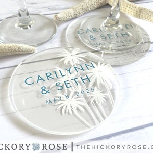Beach Wedding Coasters, Beach Wedding Decor, Clear Acrylic Coasters, Plastic Wedding Coasters, Customized Wedding Keepsake, Palm Tree Favors