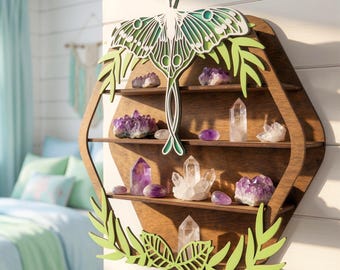 Luna Moth Crystal Display Shelf, Custom Laser Cut Wood Trinket Shelves, Fantasy Wall Shelf