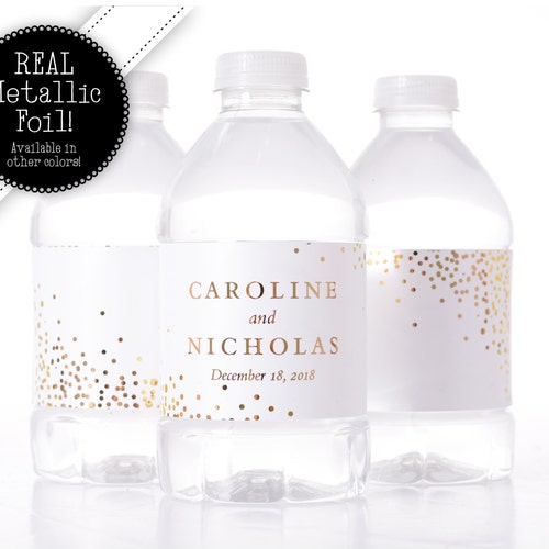 METALLIC FOIL Confetti Wedding Water Bottle Labels - Real Metallic Foil Water Bottle Labels - Wedding Water Bottle Labels