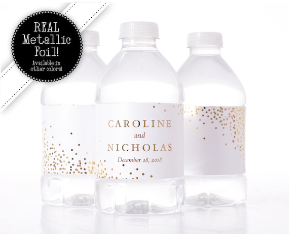 Wedding Confetti Water Bottle Labels - Gold Confetti Metallic Water ...
