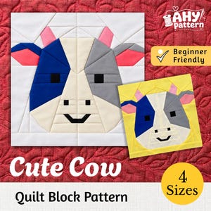 Niedlicher Kuh-Quiltblock (FPP), Foundation Paper Piecing, Bauernhoftier-Quilt, PDF-Download