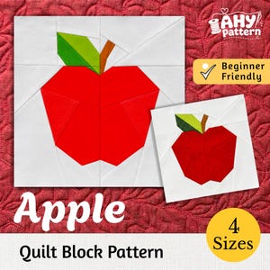 Op de afbeelding: Een quiltblokpatroon met een rode appel met een groen blad en een bruine steel op een witte achtergrond. Het ontwerp bevat de tekst AHY pattern, Apple, Quilt Block Pattern, 4 Sizes en Beginner Friendly. De afbeelding toont twee appelblokken.