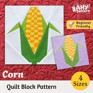 May include: A quilt block pattern featuring a corn cob design with yellow and orange checkered kernels, green husks, and a white background. A smaller version with a light purple background is also shown. Text includes AHY pattern and 4 Sizes.