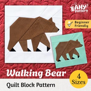 Könnte beinhalten: Ein Quiltblock-Muster mit dem Titel Walking Bear, das zwei Bärenmotive zeigt, die aus braunen Stoffstücken mit schwarzen Akzenten zusammengesetzt sind. Ein Bär ist vor einem weißen Hintergrund und der kleinere vor einem hellen mintgrünen Hintergrund.
