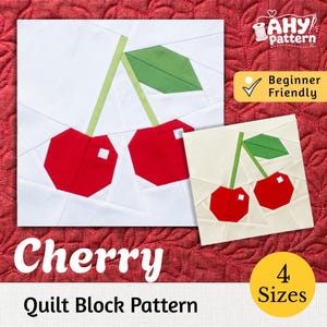 Può includere: Un modello di blocco per trapunta con due ciliegie con frutti rossi, steli verde chiaro e una foglia verde su sfondo bianco. Il testo AHY pattern, Beginner Friendly, Cherry, Quilt Block Pattern e 4 Sizes è visibile nell'immagine.