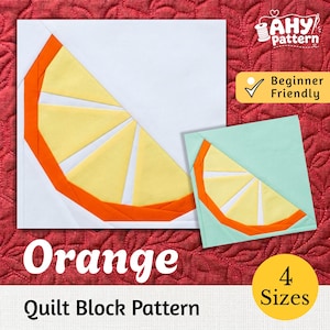 May include: A quilt block pattern titled Orange featuring two fabric block designs of a citrus slice. The larger block has a white background, while the smaller block has a light mint green background. Both display yellow segments with orange rinds.