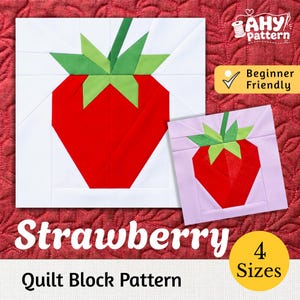 Può includere: Un modello di blocco per trapuntatura con un design a fragola con frutto rosso, foglie verdi e stelo su sfondo bianco. Una versione più piccola è su sfondo viola chiaro. Il testo include AHY pattern, Beginner Friendly e 4 Sizes.