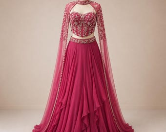 Hot Pink Ruffle Lehenga Choli, Stitched Crepe Silk Skirt with Cape Dupatta, Indian Wedding Guest Sangeet Reception Dress, Readymade Lehenga