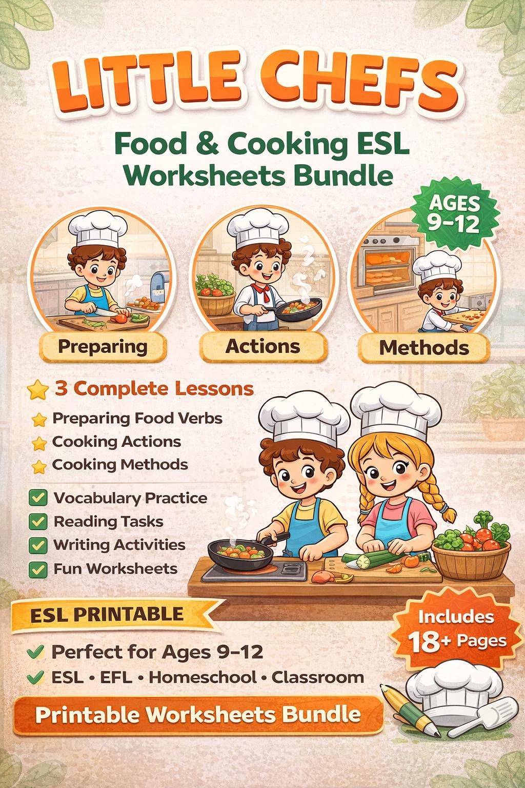Little Chefs ESL Food Cooking Worksheets Bundle | Kitchen Verbs ...