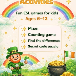 Puede incluir: Ilustración colorida con temática del Día de San Patricio. Presenta un duende sosteniendo un trébol, un arcoíris y una olla de oro. El texto incluye "Actividades del Día de San Patricio" y "Juegos ESL divertidos para niños de 6 a 12 años".