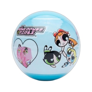 May include: A light blue spherical ball featuring The Powerpuff Girls logo in black and pink text. The surface displays a graphic of the three characters and a heart-shaped outline containing an illustration of a pink backpack with character patches.