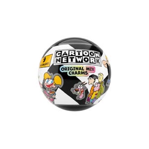May include: A spherical black and white container featuring the Cartoon Network logo, the text Original Mix Charms, and a yellow box stating 9 to collect. The surface displays colorful illustrations of various animated characters from different shows.