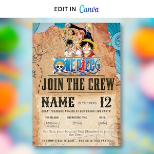 Może przedstawiać: Zaproszenie na imprezę z tekstem "ONE PIECE" i "JOIN THE CREW". Projekt zawiera postacie z kreskówek, tło mapy skarbów i miejsca do wypełnienia szczegółów imprezy. Zaproszenie jest przeznaczone do edycji w Canva.