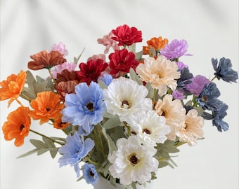 Artificial Zinnia Flower Stem Faux Silk Wildflower Bouquet Wedding Decor Home Table Centerpiece Floral Arrangement