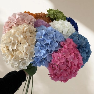 Peut inclure: Un bouquet de fleurs d'hortensia artificielles aux couleurs variées, dont rose, bleu, blanc et vert. Les fleurs sont regroupées, avec des tiges et des feuilles vertes visibles. L'arrangement est tenu par une personne portant une manche noire.