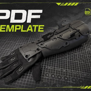 May include: A black tactical glove with a rigid, segmented forearm armor piece featuring mechanical detailing and protruding fins. The text PDF TEMPLATE is displayed in the upper left corner, with small icons for a file and a grid layout nearby.