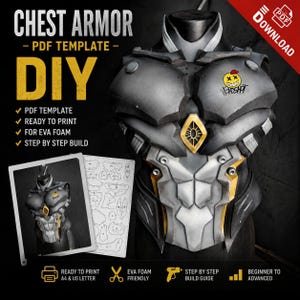Puede incluir: Una plantilla PDF de armadura de pecho DIY con una pieza de torso gris oscuro y dorada con un logo de cara sonriente amarilla. El gráfico incluye el texto CHEST ARMOR, PDF TEMPLATE, DIY, READY TO PRINT, FOR EVA FOAM, STEP BY STEP BUILD y DOWNLOAD.
