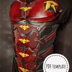 May include: A red and black chest armor with yellow accents. The armor features a yellow "R" emblem and several yellow wing-shaped designs. The words "PDF TEMPLATE" are in a white speech bubble.
