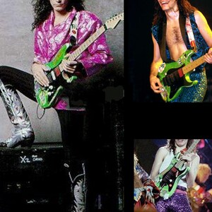 May include: A collage of images featuring a green and black electric guitar with a red pickguard. The guitar is held by a person wearing a pink shirt, black trousers, and cowboy boots. Other images show the guitar in different settings.