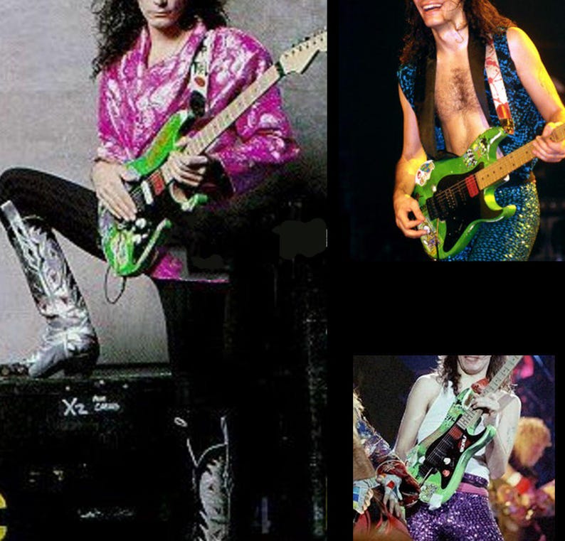 May include: A collage of images featuring a green and black electric guitar with a red pickguard. The guitar is held by a person wearing a pink shirt, black trousers, and cowboy boots. Other images show the guitar in different settings.