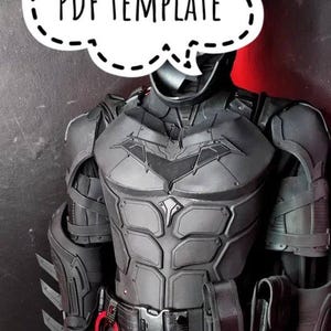 May include: A black Batman costume with a chest emblem, utility belt, and gauntlets. The image includes the text "PDF TEMPLATE" in a speech bubble.