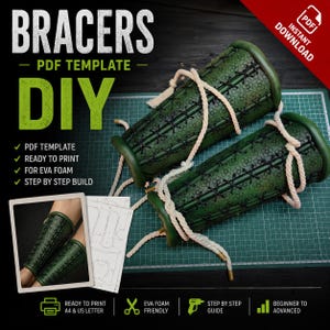 May include: A DIY PDF template for crafting green bracers, featuring a floral pattern, black crisscross lacing, and thick white rope ties. The digital download includes instructions for EVA foam construction, compatible with A4 and US letter paper.