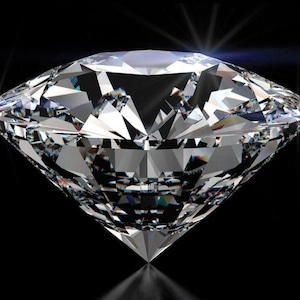 May include: A brilliant-cut diamond, showcasing numerous facets that reflect light. The gemstone is clear and colorless, set against a black background. The diamond's sharp edges and symmetrical shape are prominent.