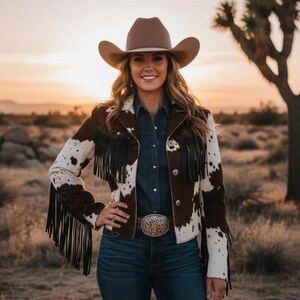 May include: A brown and white cowhide-patterned jacket with fringe detailing. The jacket is paired with a brown cowboy hat, a denim shirt, and blue jeans. A silver belt buckle adds a touch of sparkle. The background features a desert landscape.