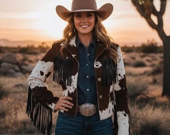 Handgefertigte Hair-On Rindsleder Lederjacke - Western Kuh Print Rodeo Style Mantel.