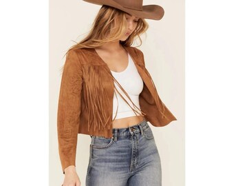 Western-Wildleder-Cowgirljacke für Damen - lange Fransen, Boho Rodeo-Stil, echtes Leder.
