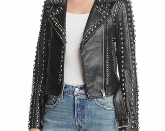 Schwarze Nieten-Punk-Western-Rindlederjacke für Damen - Voller versilberter Nieten-Biker-Stil.