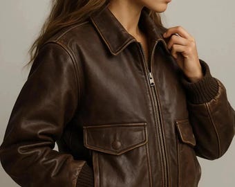 Damen Echtleder Bomberjacke - Vintage Aviator Fliegerjacke, klassischer Pilotenstil.