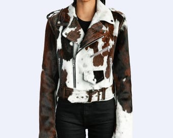 Echte Hair-On-Rindlederlederjacke für Damen - Natürliche Kuhhaut Modemantel.