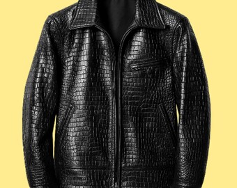 Schwarze Echtleder Krokodil Präge Biker Jacke für Herren - Alligator Print Motorradjacke