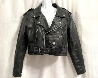 Vintage schwarze Rindsleder Bikerjacke - 70er Jahre Motorrad Stil