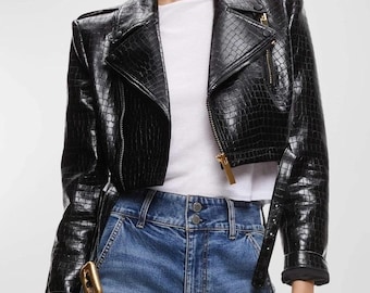 Damen Handgefertigte Schwarze Krokodil Alligator Leder Kurz Bikerjacke - Luxuriöser Kurzkörper Motorradmantel.