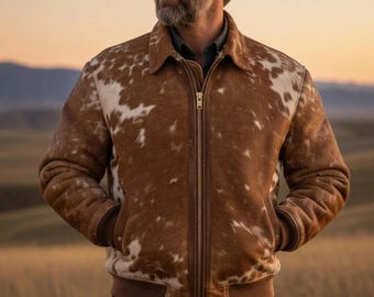 Braun-Weiße Hair-On-Rindsleder-Bomberjacke für Herren - Western-Cowboy-Stil.