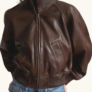Women’s Brown Cropped Leather Jacket – Lambskin Bomber, High Neck Zip-Up, Handmade Stylish Outerwear.