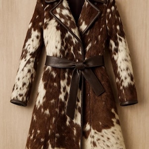 May include: A long coat with a brown and white cowhide pattern. The coat features a wrap-style design with a matching brown leather belt. The collar and cuffs are trimmed with brown leather. The coat is hanging on a wooden hanger.