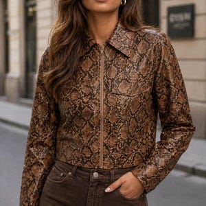 Women Genuine Leather Snake Print Jacket. Brown python Biker Moto Jacket, Vintage Cropped Motorcycle Jacket.